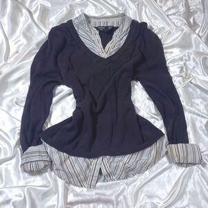 y2k Sweater Navy Blue Good Canyon River Blues Striped Layered 2-in-1 Top
